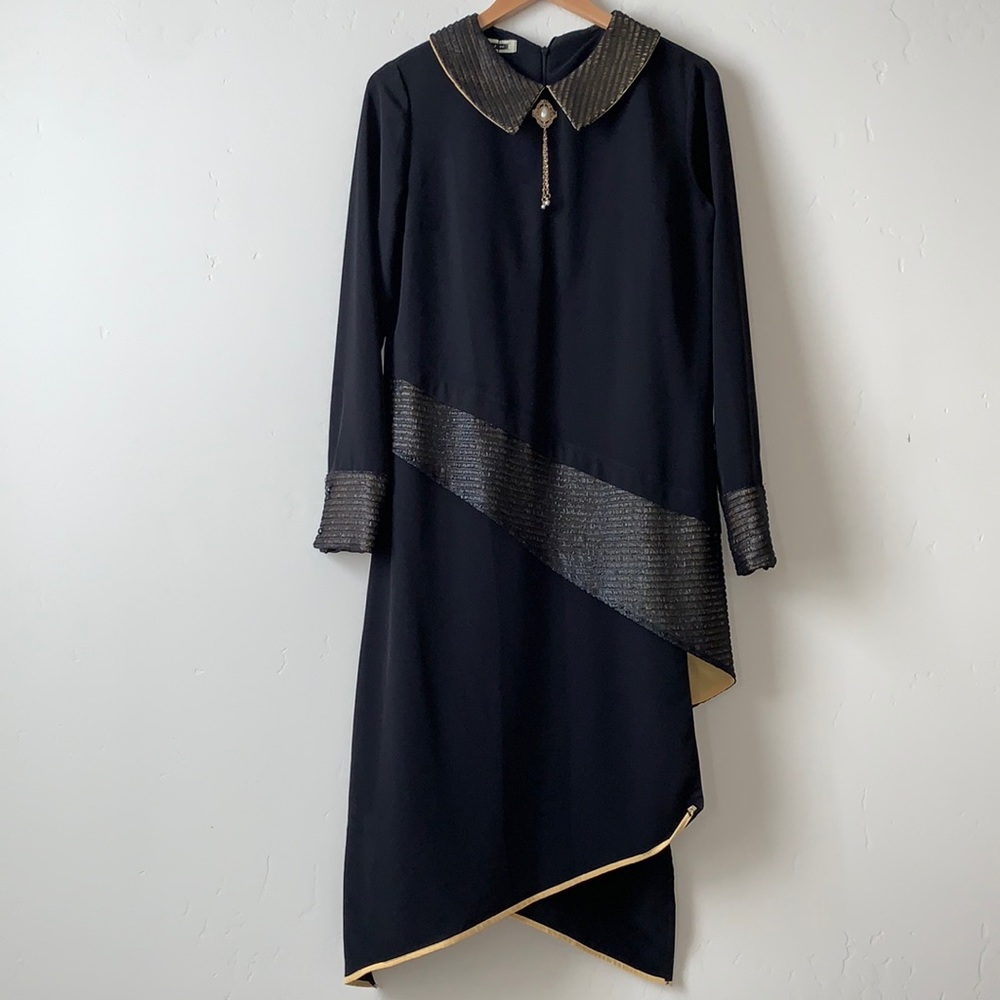 New with Tags, Black with Gold Accent Asymmetrical Dress. Size 40